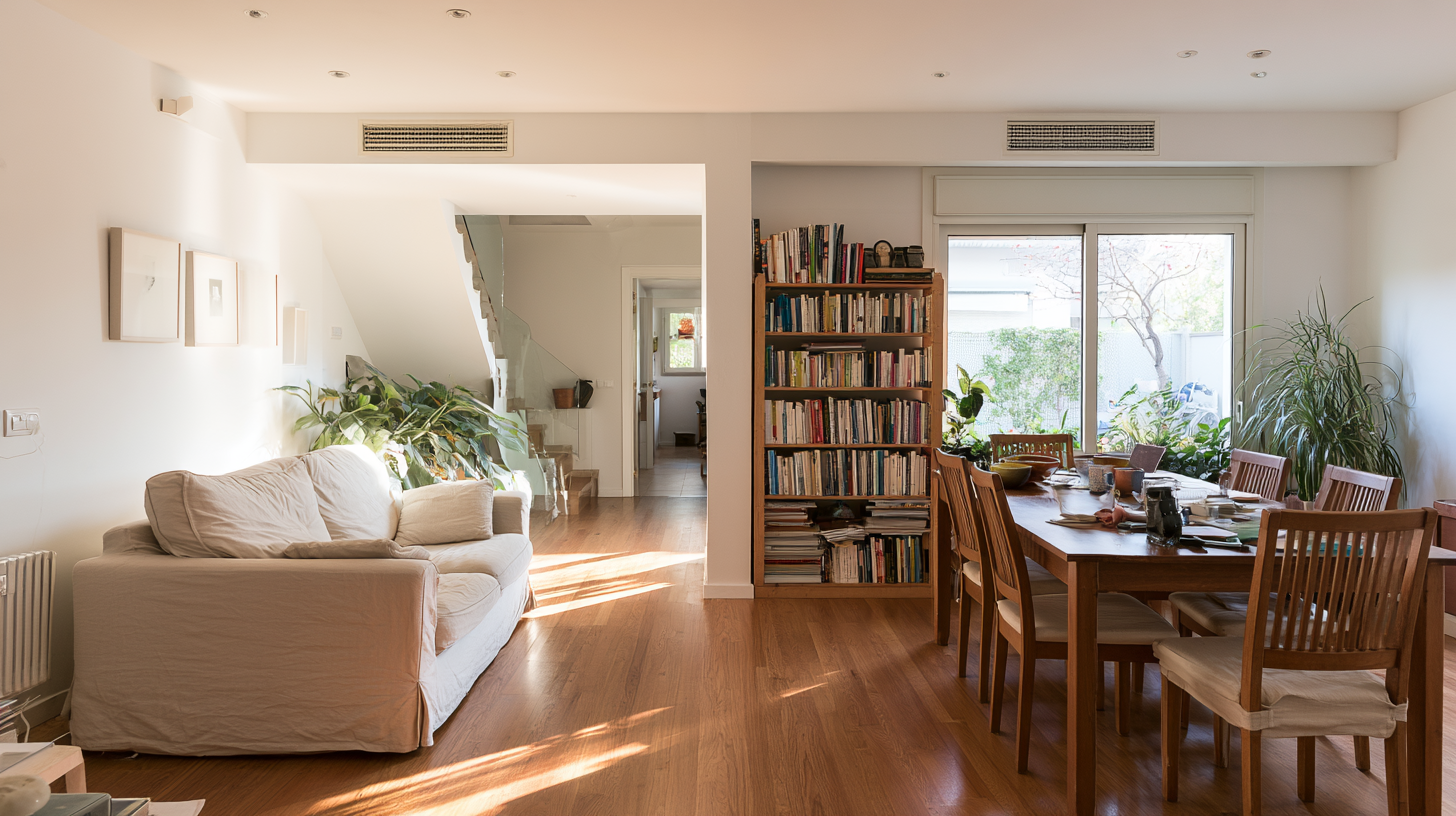 Salón comedor reformado con parquet de roble, sofá beige, biblioteca de madera y gran ventanal al jardín